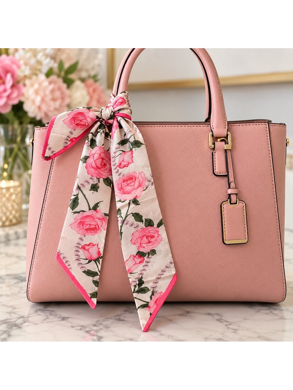 2 New Floral Twilly Bag Scarves Purse Handle Ties Pink